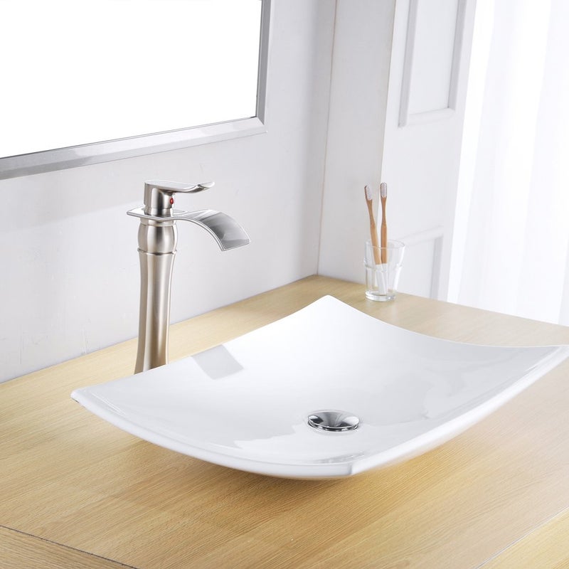 BWE Vessel Sink Faucet Brushed Nickel Single Hole Commercial Waterfall Bathroom Faucet with Pop Up Drain Without Overflow and Supply Line Modern Tall Faucet Bath Sink Lavatory Mixer Water Tap - Image 4